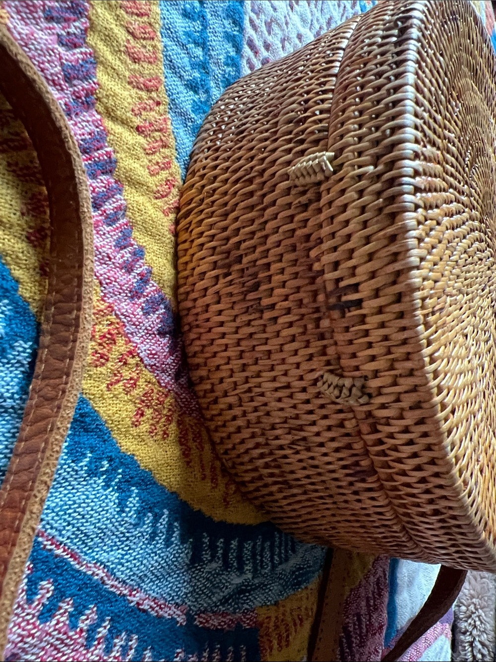 Amerii Rattan Round Woven Crossbody Bag in Tan with Leather Trim - Picture 10 of 11